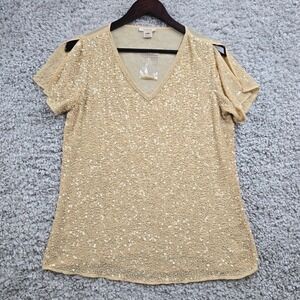 Sundance Top Womens Medium Beige Sequins Beaded Slit Sleeve Pullover Glam